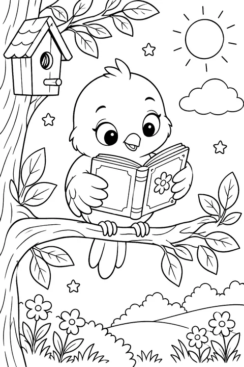 Cute bird reading a tiny book on a branch coloring page