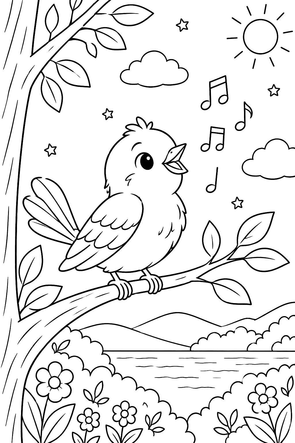 Little bird singing on a branch with music notes coloring page