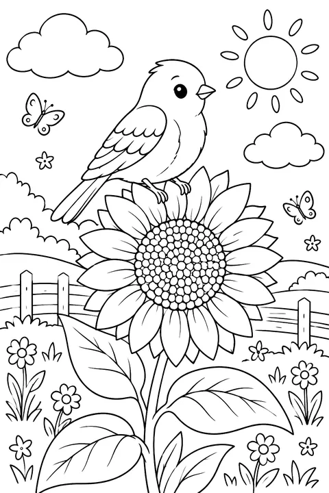 Bird perched on a sunflower coloring page