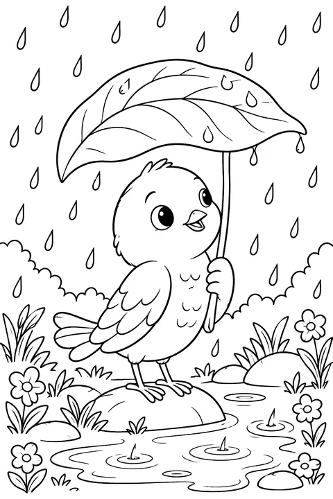 Bird holding a leaf as an umbrella in the rain coloring page