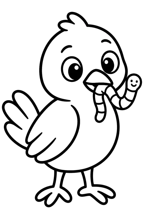 Bird holding a worm coloring page