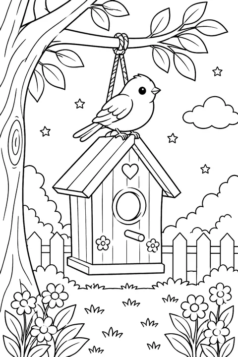 Little bird perched on a wooden birdhouse in a tree coloring page