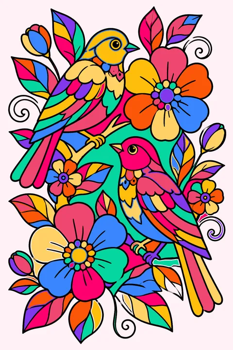 Birds among intricate floral patterns coloring page