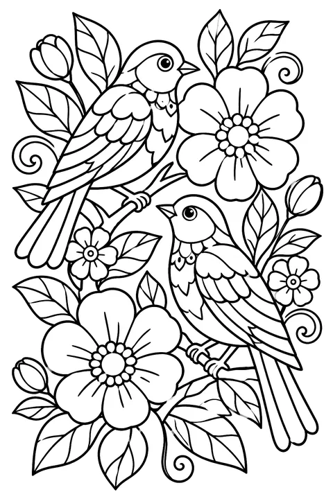 Birds among intricate floral patterns coloring page