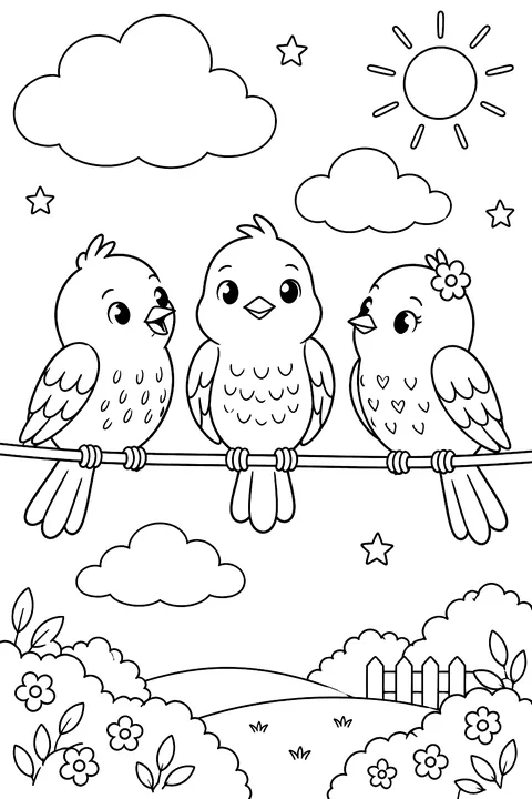 Three birds sitting on a wire with clouds coloring page