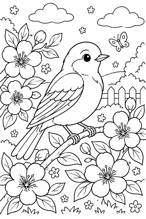 Bluebird among blooming flowers coloring page