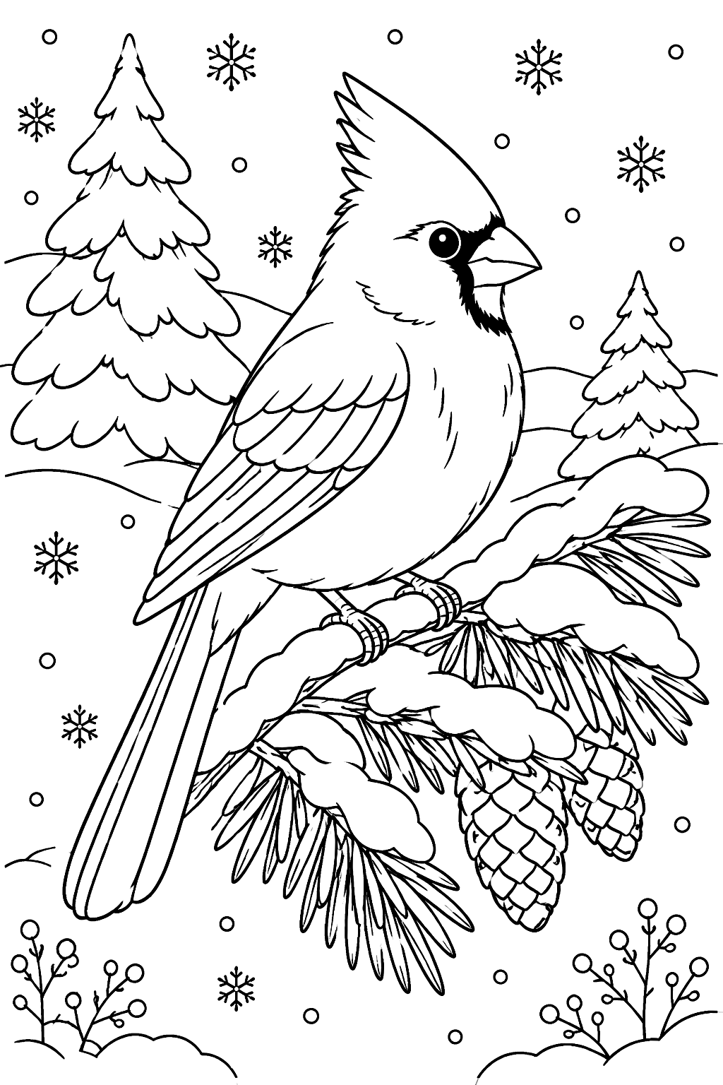 Cardinal on a snowy pine branch coloring page