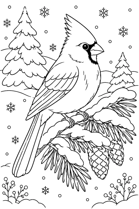 Cardinal on a snowy pine branch coloring page