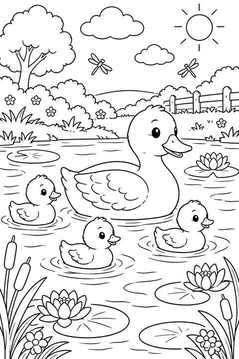 Duck with ducklings swimming on a pond coloring page