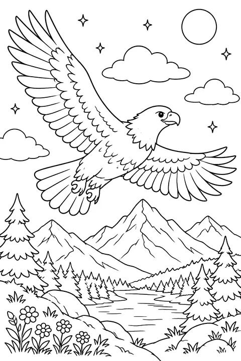 Eagle flying over mountains coloring page