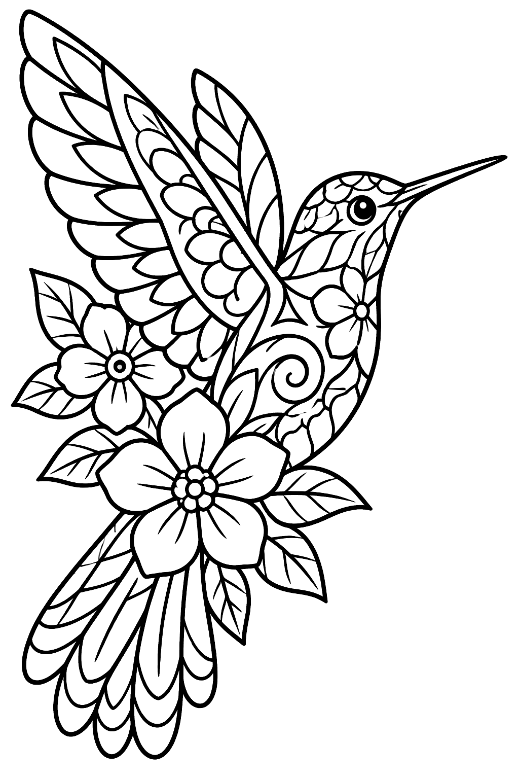 Hummingbird filled with zentangle patterns and flowers coloring page