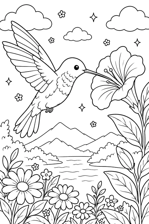 Hummingbird drinking nectar from a flower coloring page