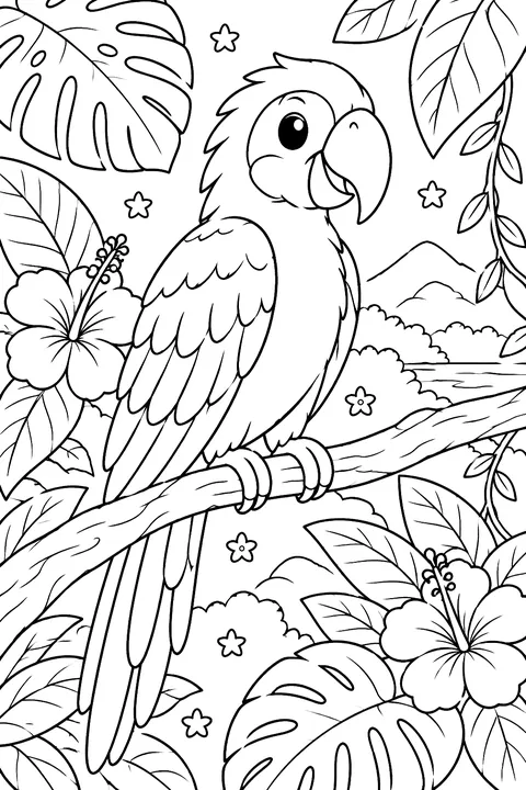 Parrot on a jungle branch with big leaves and flowers coloring page