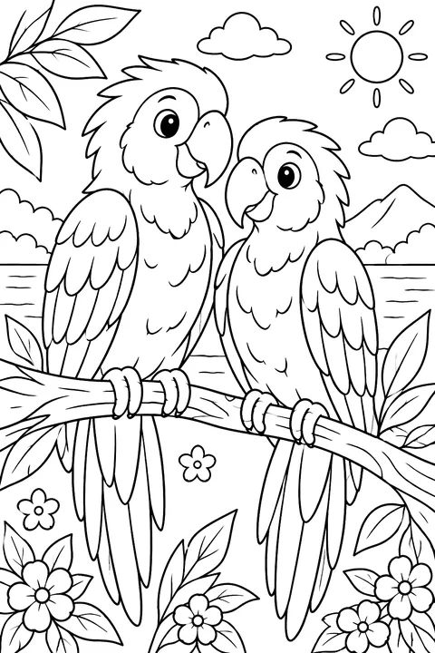 Two parrots sitting together on a branch coloring page