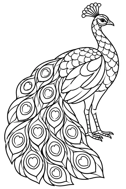 Peacock with richly detailed feather patterns coloring page
