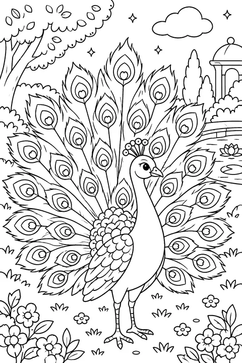Peacock spreading its tail feathers in a garden coloring page