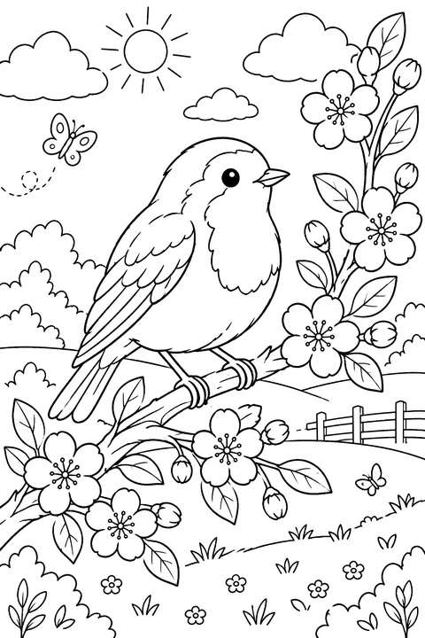 Robin on a branch with spring blossoms coloring page