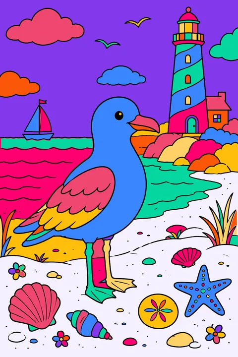 Seagull at the beach with shells and a lighthouse coloring page