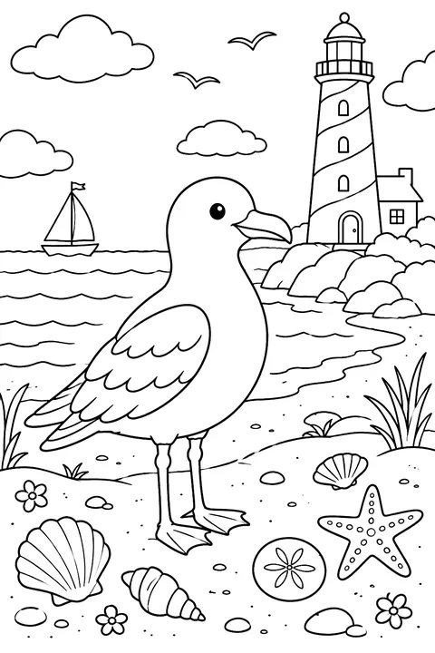 Seagull at the beach with shells and a lighthouse coloring page