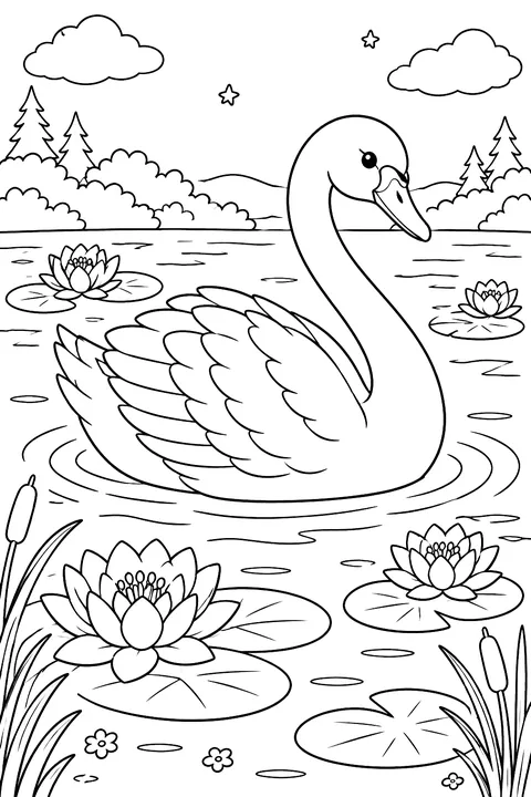 Swan swimming on a lake with water lilies coloring page