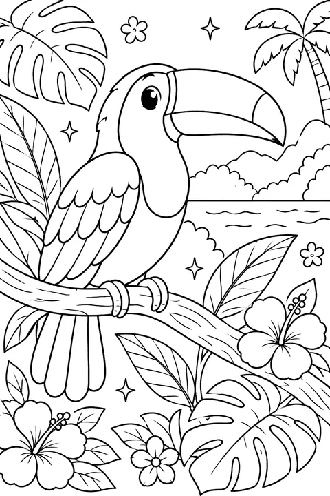 Toucan on a branch with tropical leaves coloring page