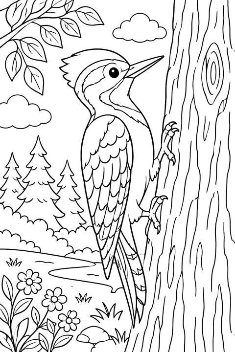 Woodpecker clinging to a tree trunk coloring page