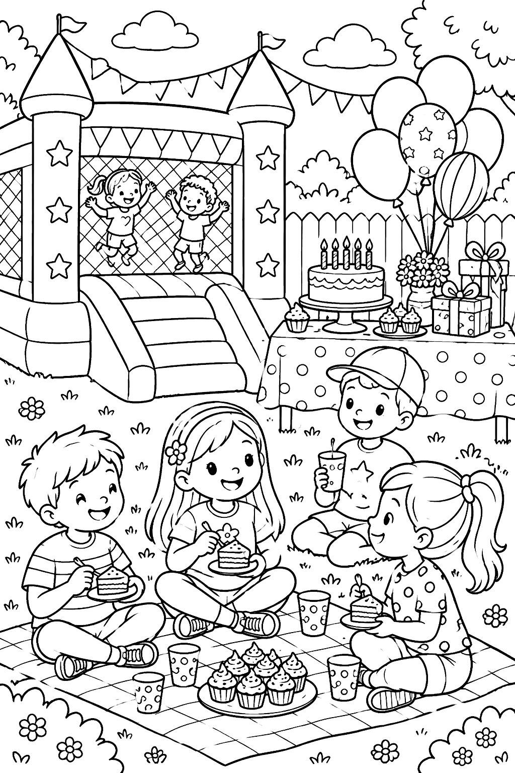 Backyard birthday picnic with a bounce house, balloons and a cake table coloring page
