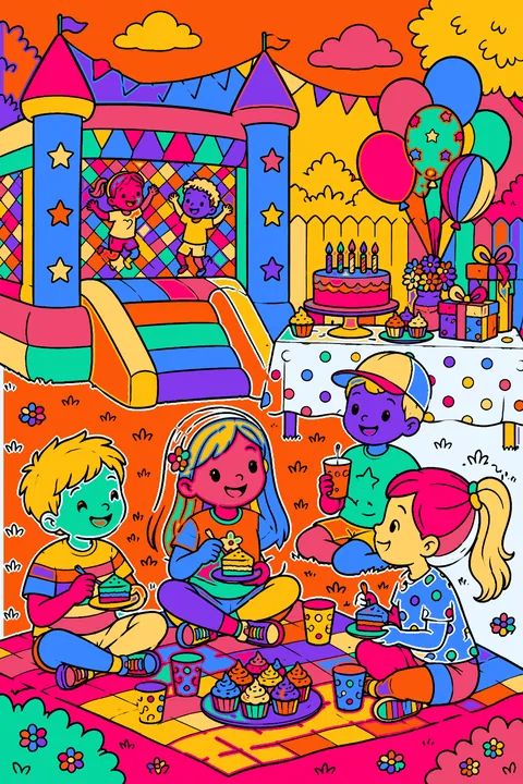 Backyard birthday picnic with a bounce house, balloons and a cake table coloring page