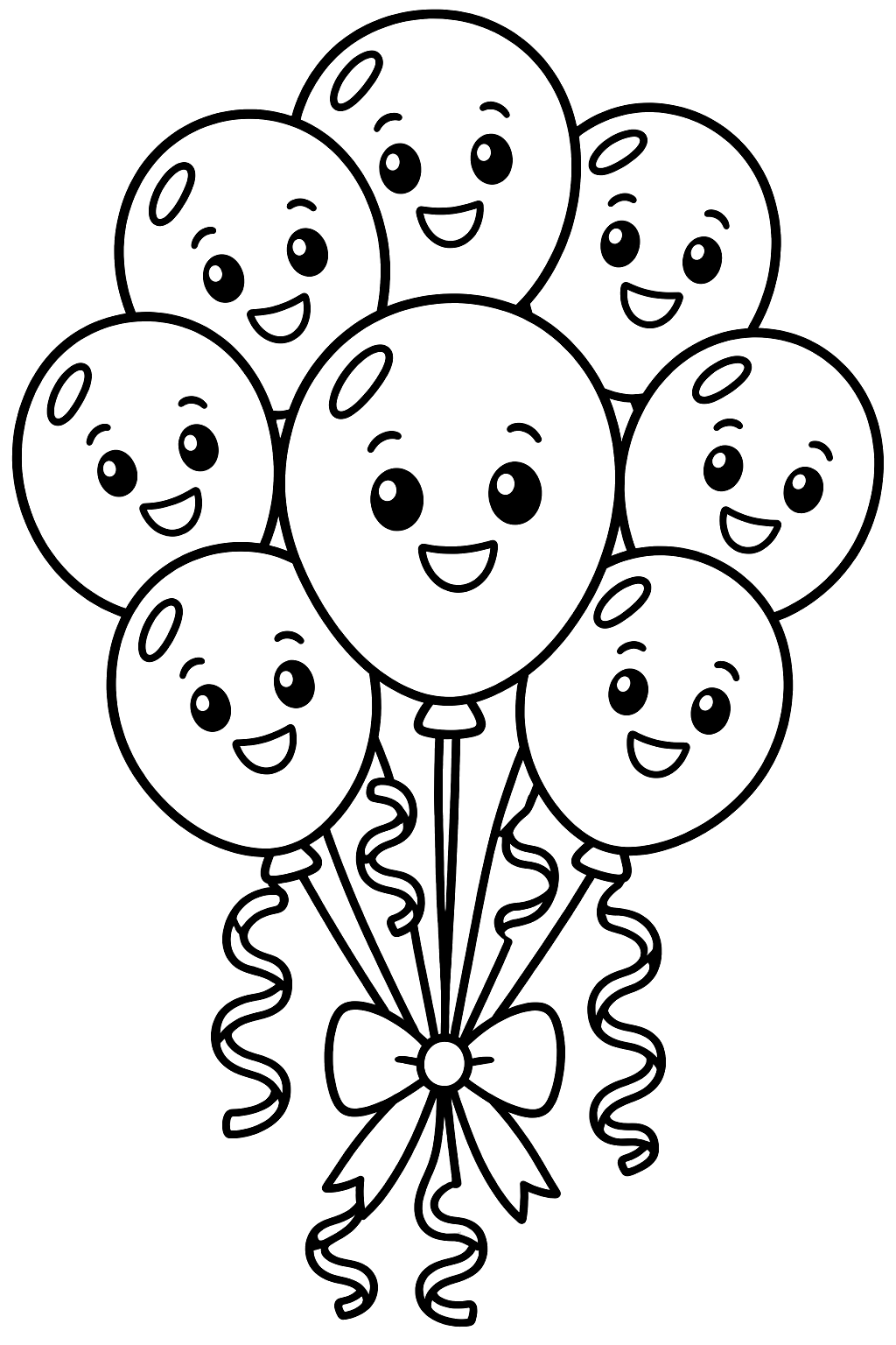 Big bunch of birthday balloons tied with curly ribbons coloring page
