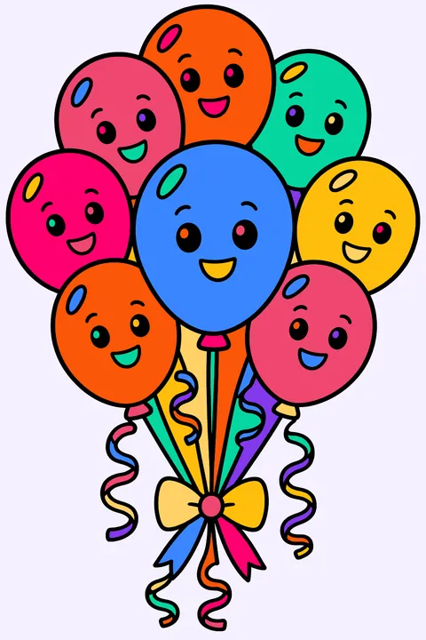 Big bunch of birthday balloons tied with curly ribbons coloring page