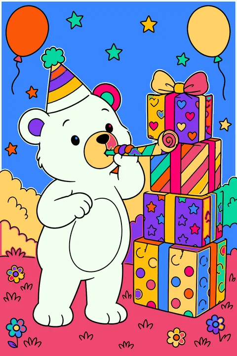 Bear blowing a party horn beside a tall stack of presents coloring page