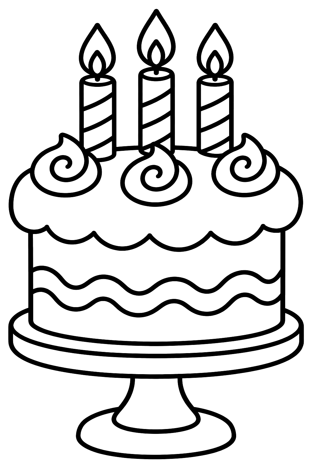 Birthday cake with three candles and swirly frosting on a stand coloring page