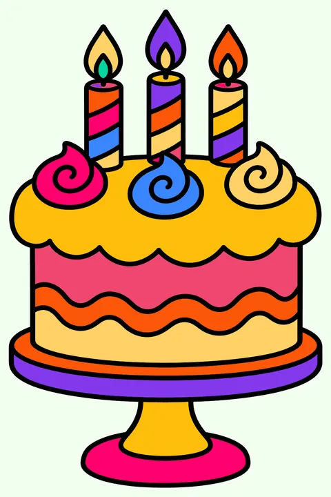 Birthday cake with three candles and swirly frosting on a stand coloring page