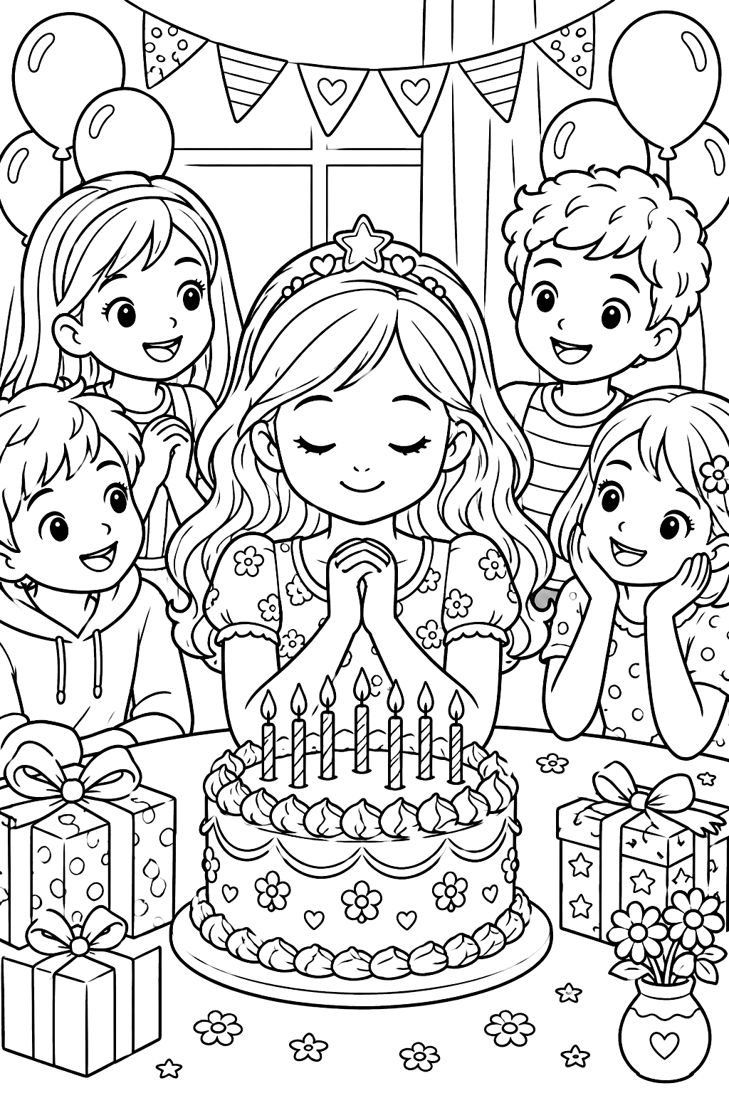 Birthday girl making a wish over a candle-lit cake with friends watching coloring page