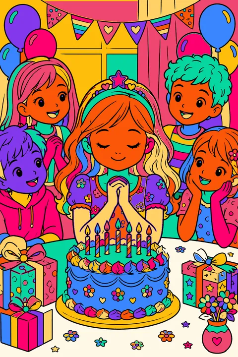 Birthday girl making a wish over a candle-lit cake with friends watching coloring page