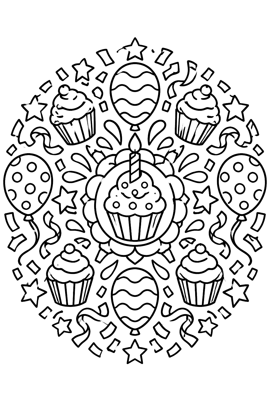 Birthday mandala with cupcakes, balloons, stars and confetti patterns in a circle coloring page