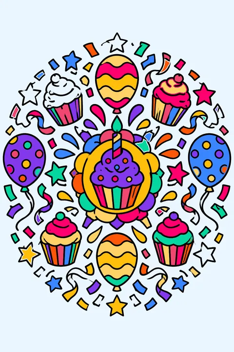 Birthday mandala with cupcakes, balloons, stars and confetti patterns in a circle coloring page