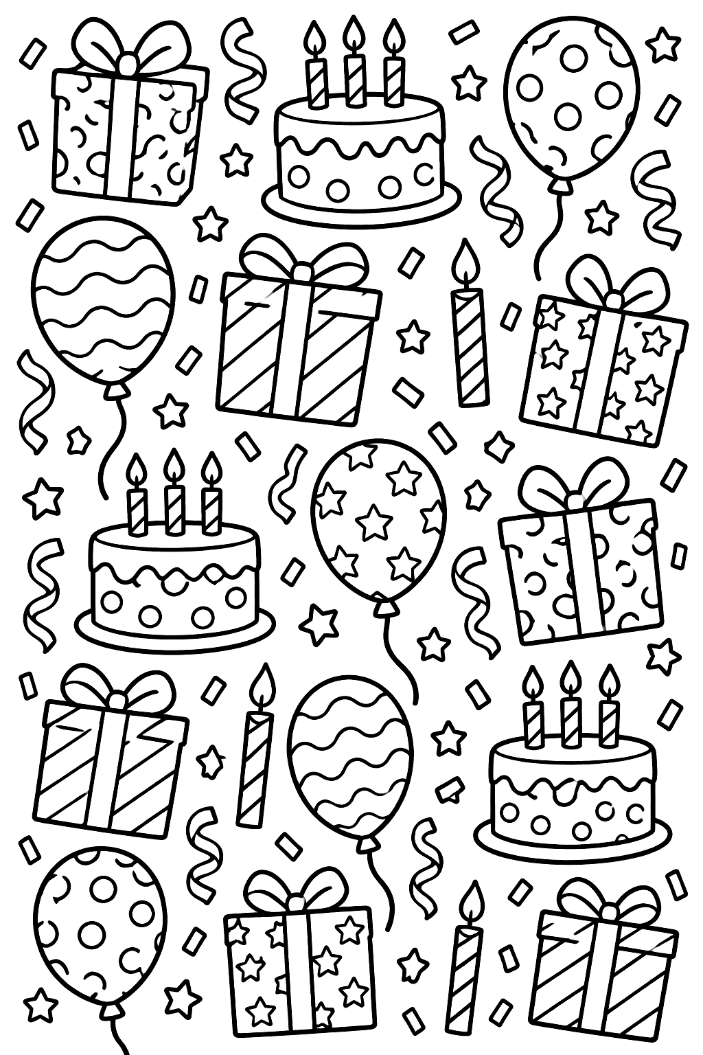Birthday pattern page with gifts, candles, balloons and confetti in a tiled design coloring page
