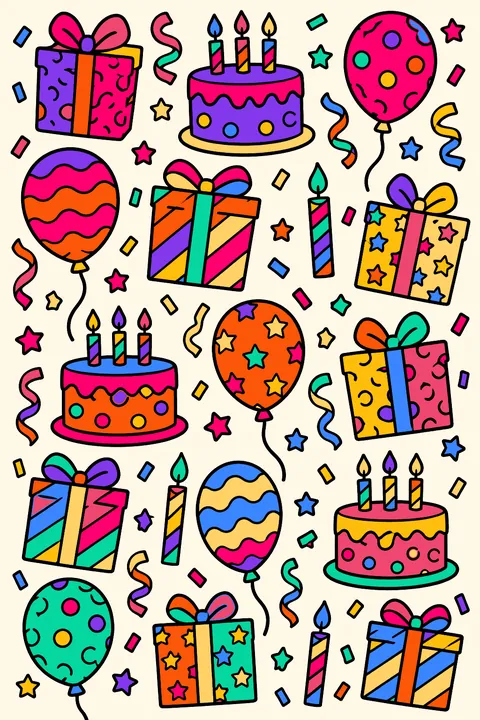Birthday pattern page with gifts, candles, balloons and confetti in a tiled design coloring page