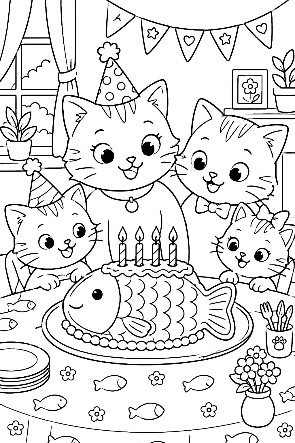 Cat family sharing a fish-shaped birthday cake at a table coloring page
