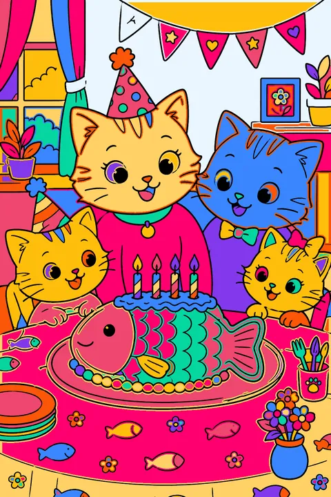 Cat family sharing a fish-shaped birthday cake at a table coloring page