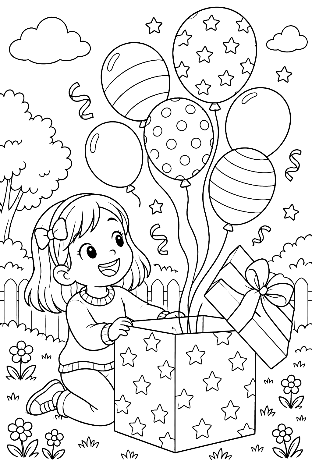 Child opening a big present as balloons float out of the box coloring page