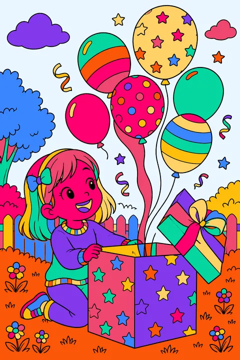 Child opening a big present as balloons float out of the box coloring page