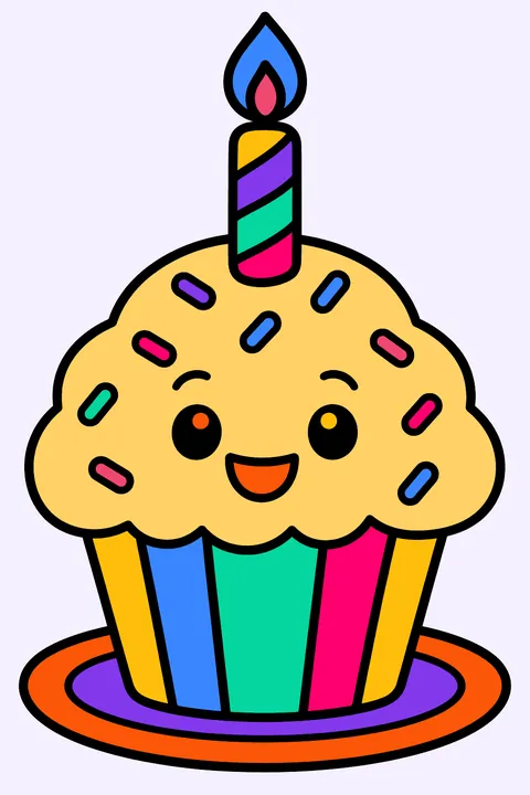 Cupcake with one candle and sprinkles on a little plate coloring page