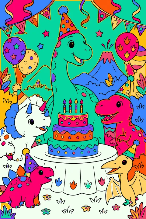 Dinosaur birthday party with a layered cake, streamers and friends coloring page