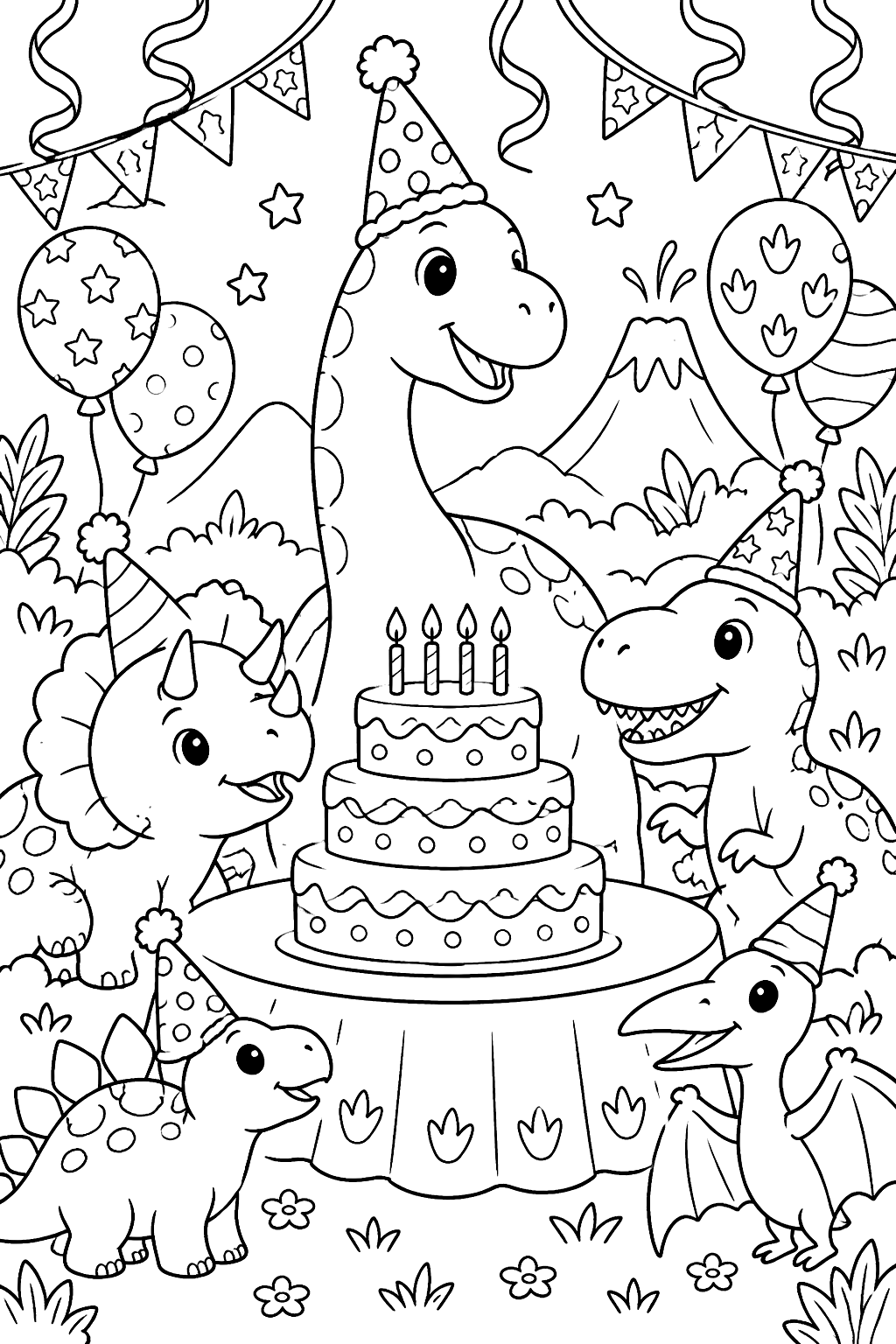 Dinosaur birthday party with a layered cake, streamers and friends coloring page