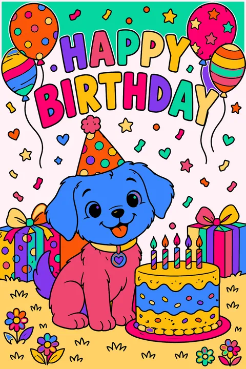 Big outline letters spelling happy birthday with balloons and confetti coloring page