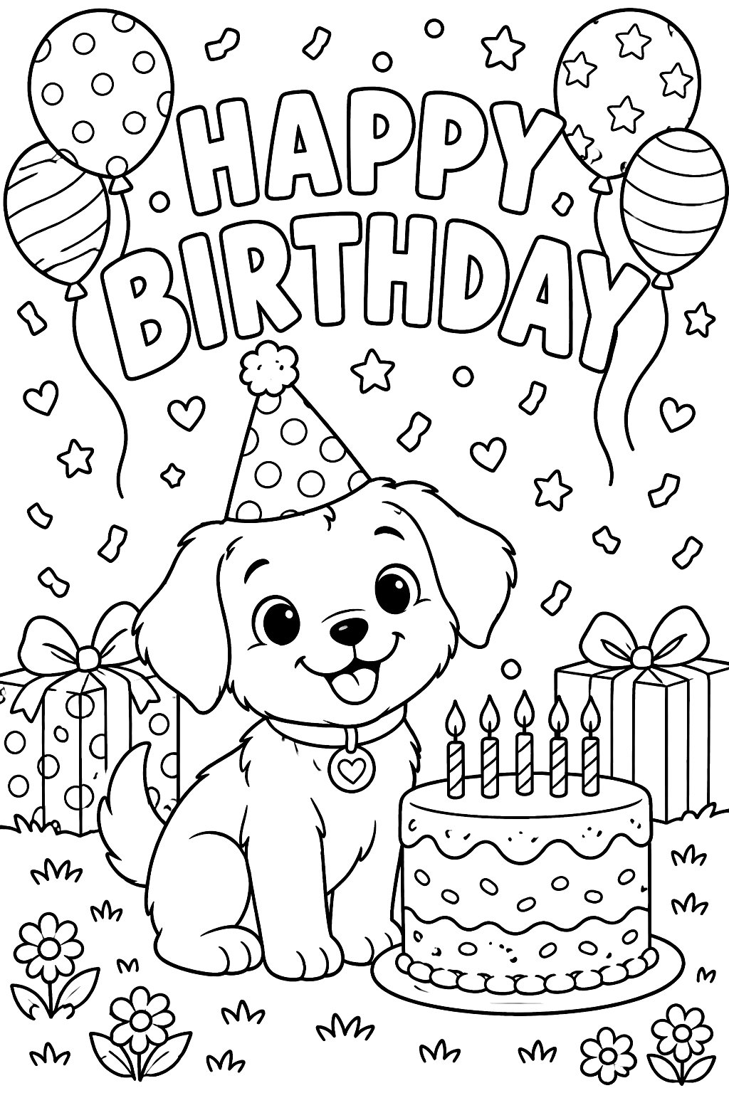 Big outline letters spelling happy birthday with balloons and confetti coloring page