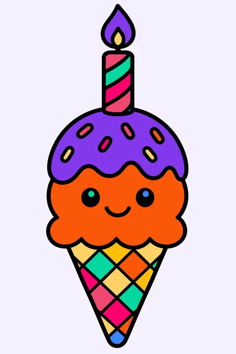 Ice cream cone with a birthday candle on top coloring page