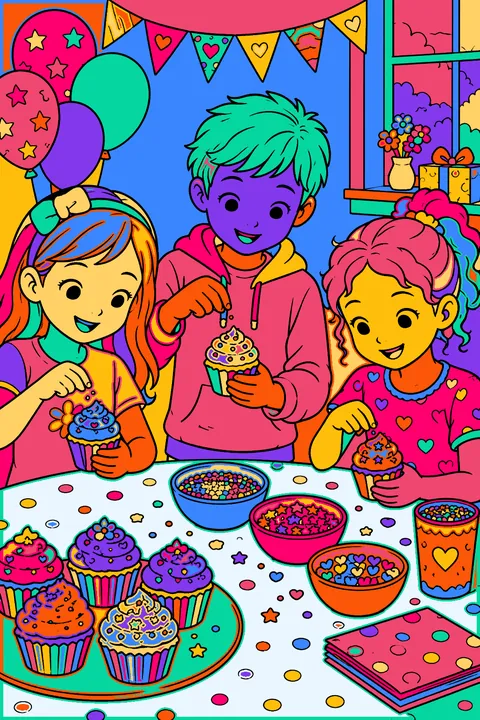 Kids decorating cupcakes with sprinkles at a birthday party table coloring page